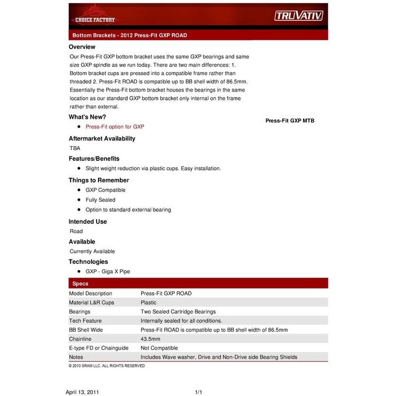 Bottom Bracket GXP TePressFit Road BB86