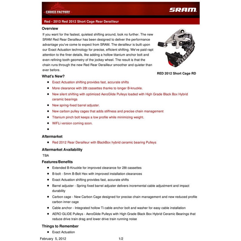 Red Rear Derailleur Aero Glide Short Cage 10 Speed MY12